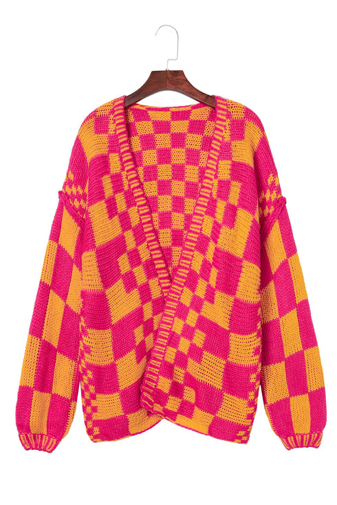 Oversized Checkerboard Pattern Chunky Knit Open Front Cardigan