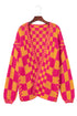 Oversized Checkerboard Pattern Chunky Knit Open Front Cardigan