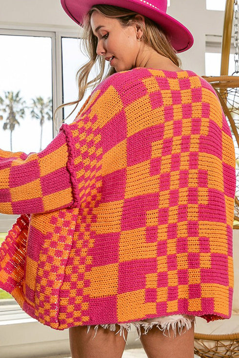 Oversized Checkerboard Pattern Chunky Knit Open Front Cardigan
