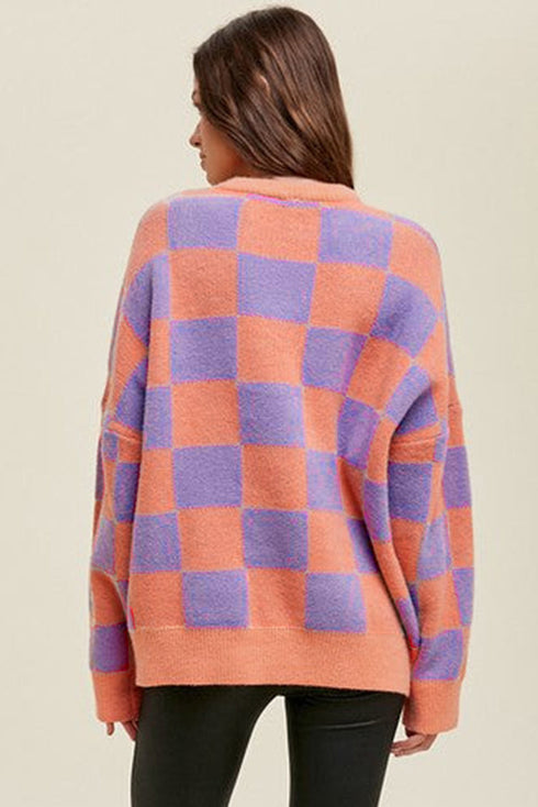 Oversized Checkered Drop Shoulder Ribbed Trim Sweater