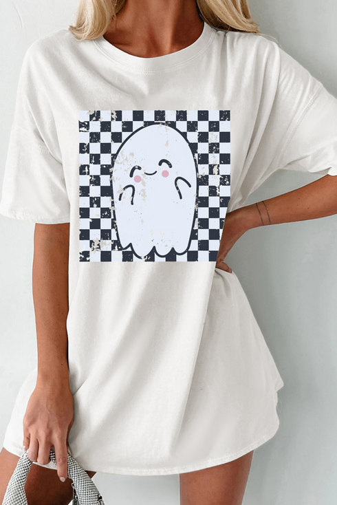 Oversized Checkered Ghost Print Crew Neck Tee