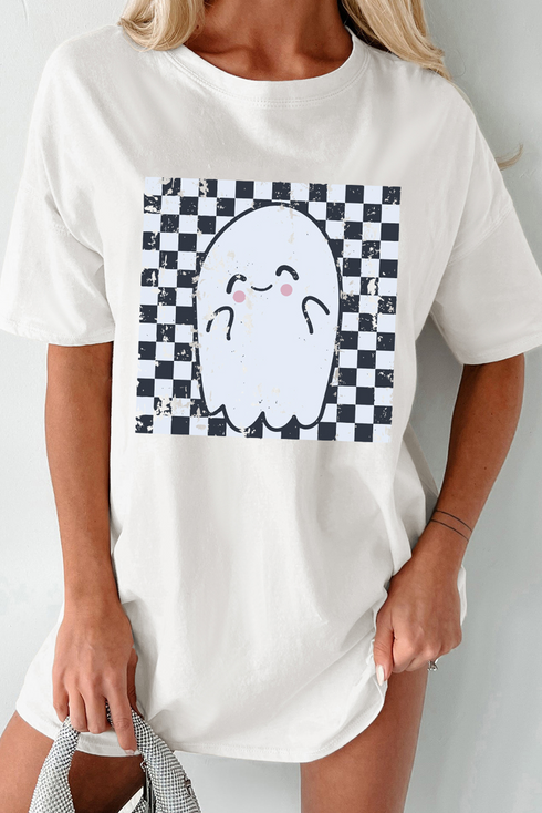 Oversized Checkered Ghost Print Crew Neck Tee