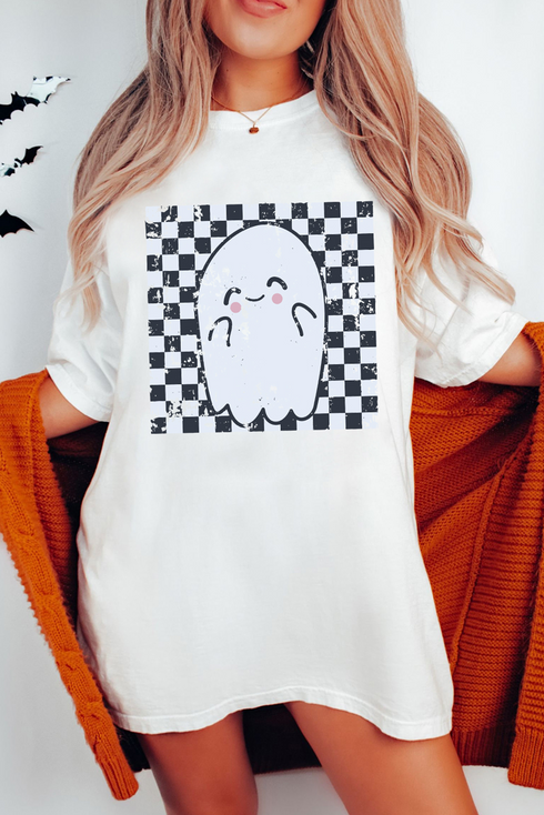 Oversized Checkered Ghost Print Crew Neck Tee