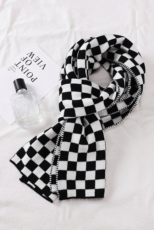 Oversized Checkered Soft Cotton Knit Fringed Scarf