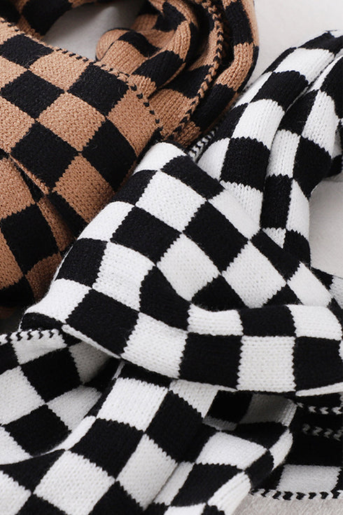 Oversized Checkered Soft Cotton Knit Fringed Scarf