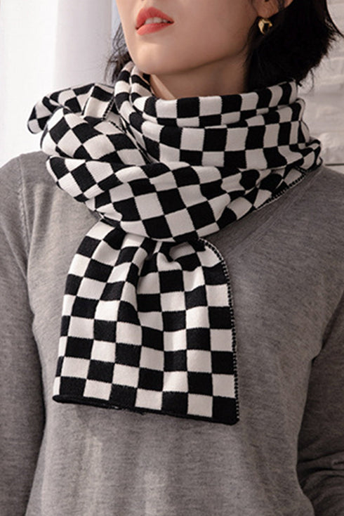 Oversized Checkered Soft Cotton Knit Fringed Scarf