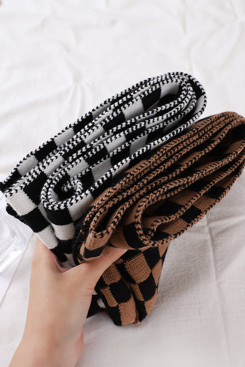 Oversized Checkered Soft Cotton Knit Fringed Scarf