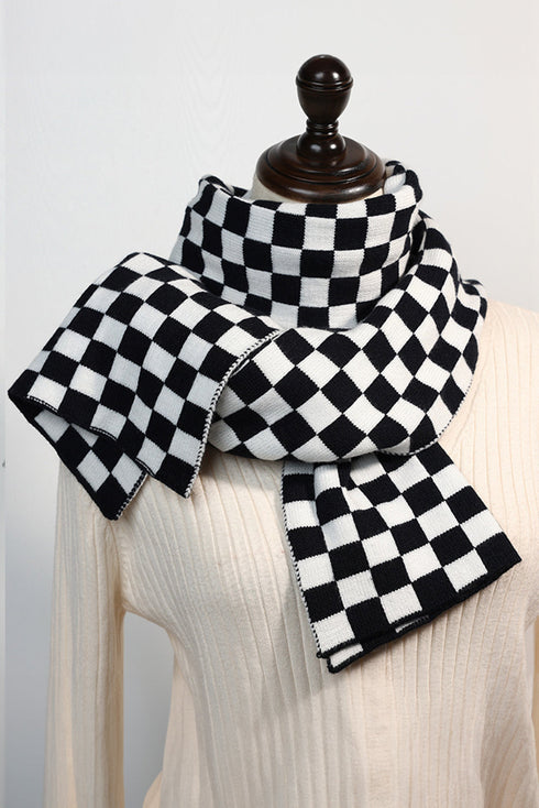 Oversized Checkered Soft Cotton Knit Fringed Scarf