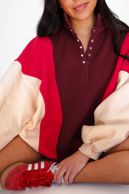 Oversized Color Block Quarter Snap Fleece Pullover