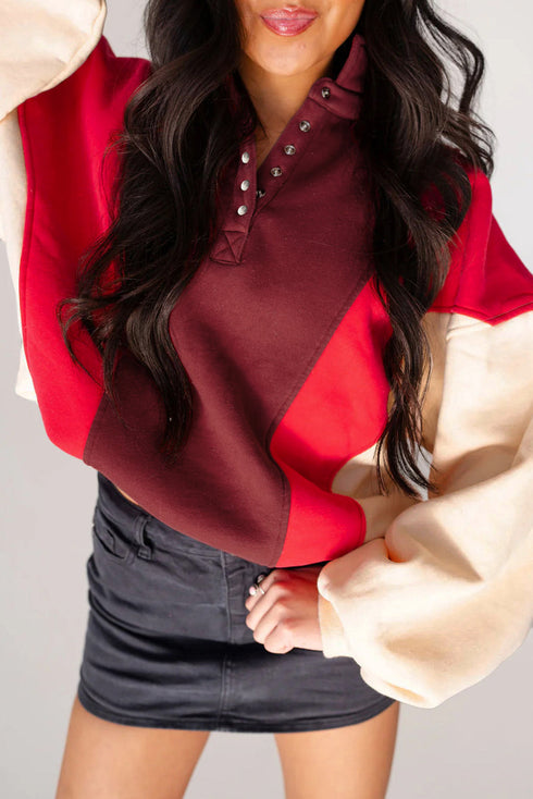Oversized Color Block Quarter Snap Fleece Pullover