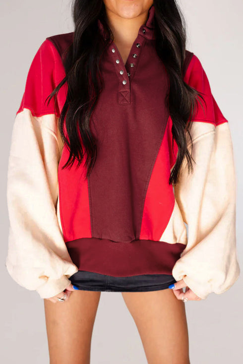 Oversized Color Block Quarter Snap Fleece Pullover