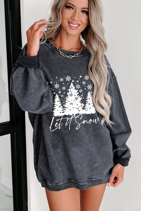 Oversized Corded Texture Graphic Print Pullover Sweatshirt