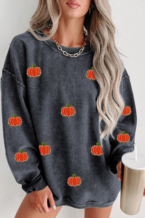 Oversized Corduroy Texture Pumpkin Patch Crew Neck Pullover