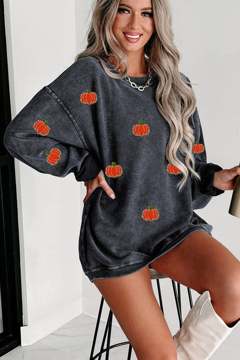 Oversized Corduroy Texture Pumpkin Patch Crew Neck Pullover