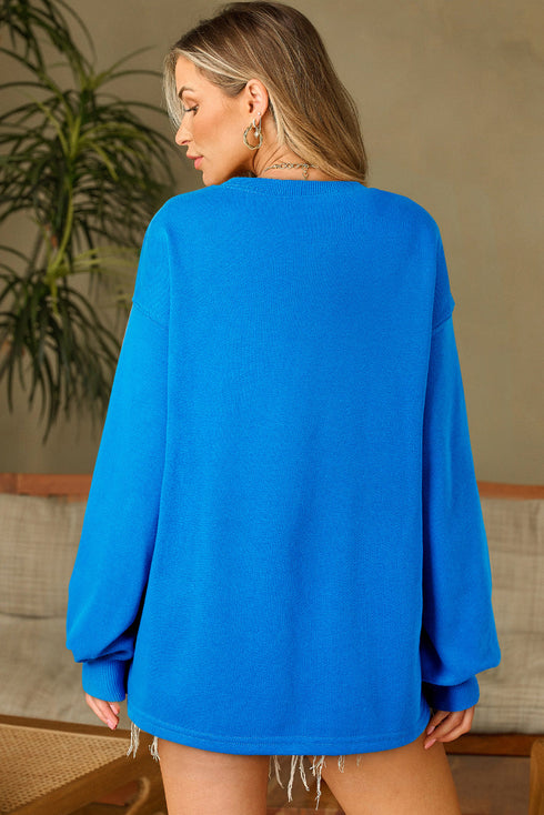 Oversized Crew Neck Long Sleeve Ribbed Pullover Sweatshirt