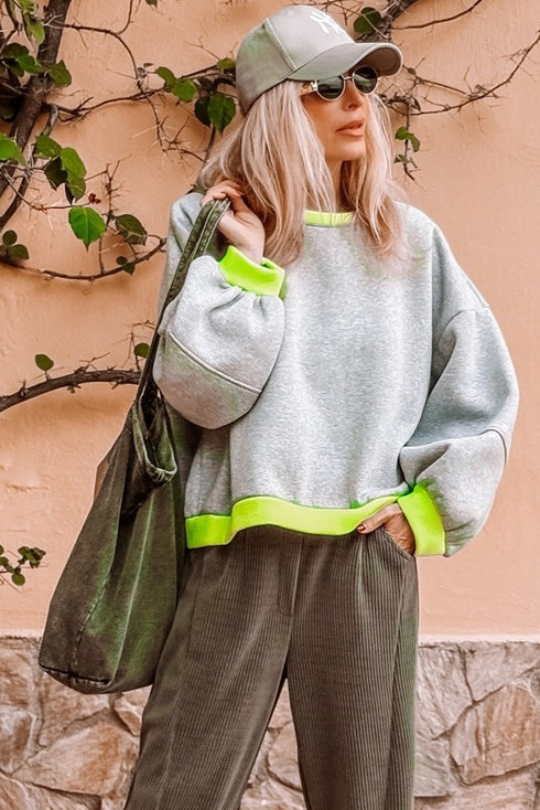 Oversized Drop Shoulder Balloon Sleeve Ribbed Trim Pullover Sweatshirt