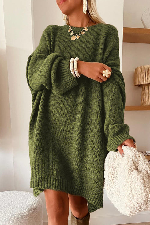 Oversized Drop Shoulder Crewneck Ribbed Trim Slouchy Knit Sweater Dress
