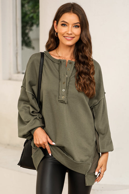 Oversized Exposed Seam Henley Sweatshirt