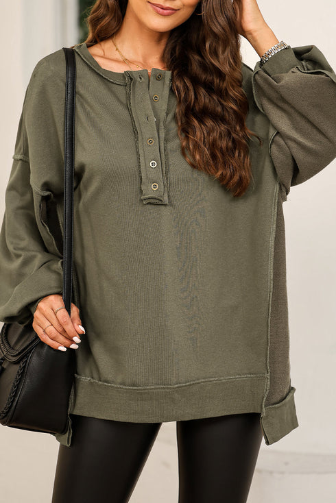 Oversized Exposed Seam Henley Sweatshirt