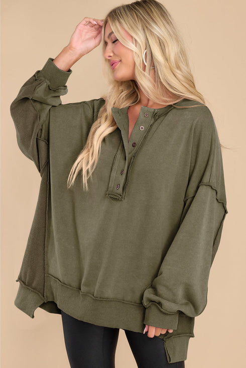 Oversized Exposed Seam Henley Sweatshirt