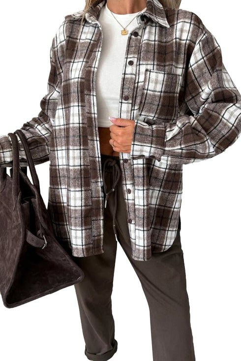 Oversized Flannel Plaid Single Chest Pocket Boyfriend Shacket