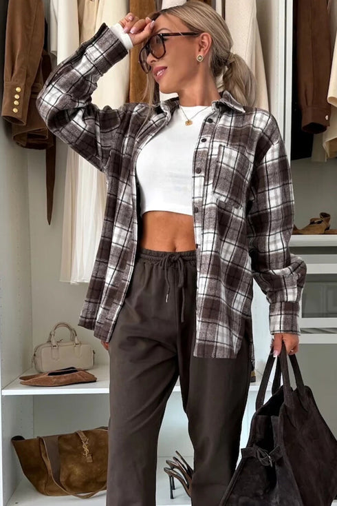Oversized Flannel Plaid Single Chest Pocket Boyfriend Shacket