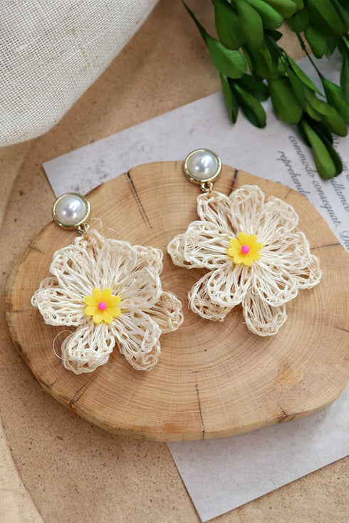 Oversized Floral Crochet Pearl Accent Stud Earrings