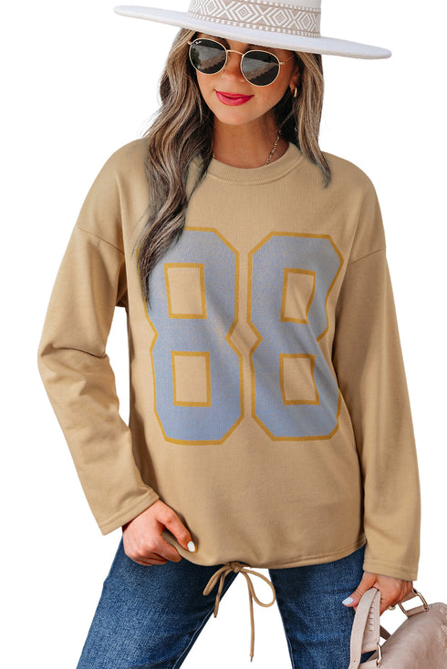 Oversized Graphic Number Print Drawstring Hem Long Sleeve Top