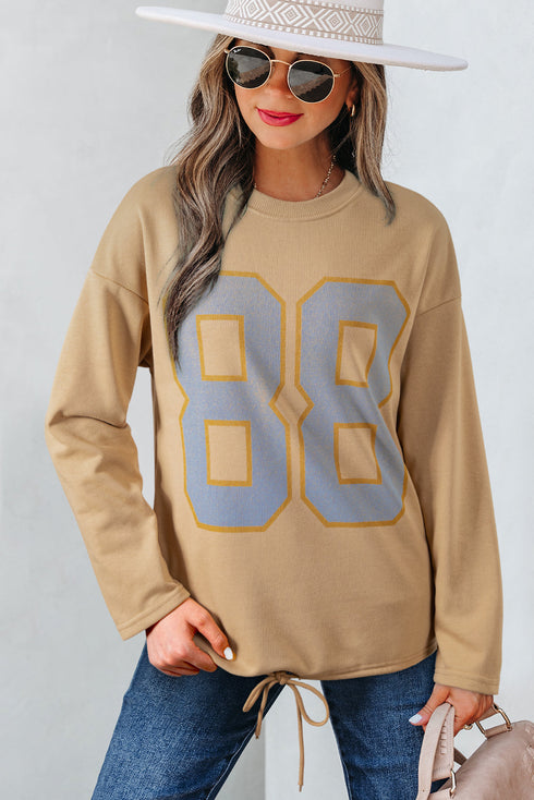 Oversized Graphic Number Print Drawstring Hem Long Sleeve Top