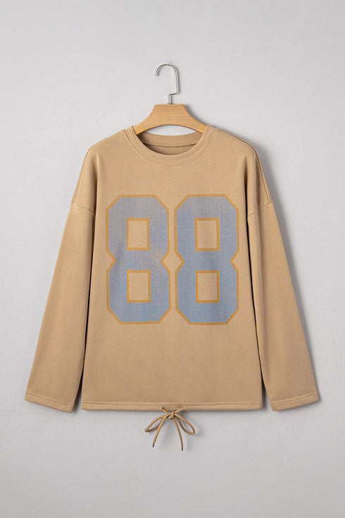 Oversized Graphic Number Print Drawstring Hem Long Sleeve Top