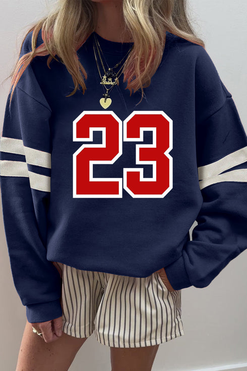 Oversized Graphic Number Print Varsity Crew Neck Sweatshirt