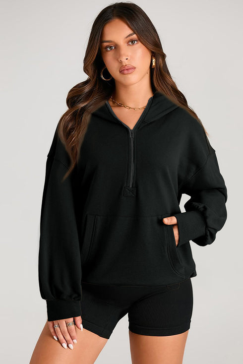 Oversized Half Zip Drawstring Hem Pullover Hoodie