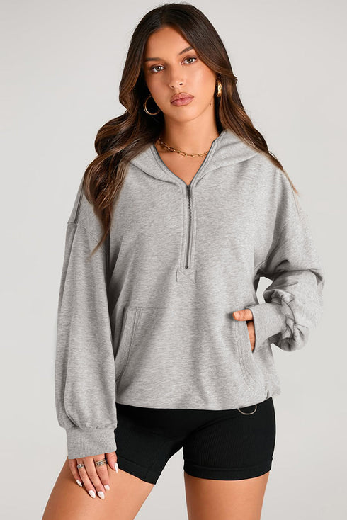 Oversized Half Zip Drawstring Hem Pullover Hoodie