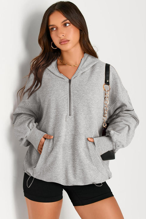 Oversized Half Zip Drawstring Hem Pullover Hoodie