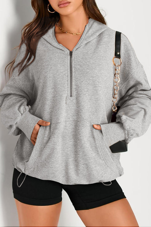 Oversized Half Zip Drawstring Hem Pullover Hoodie