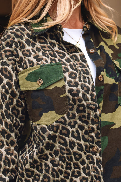 Oversized Leopard Camo Patchwork Western Shirt Jacket
