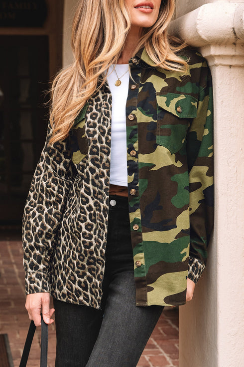 Oversized Leopard Camo Patchwork Western Shirt Jacket