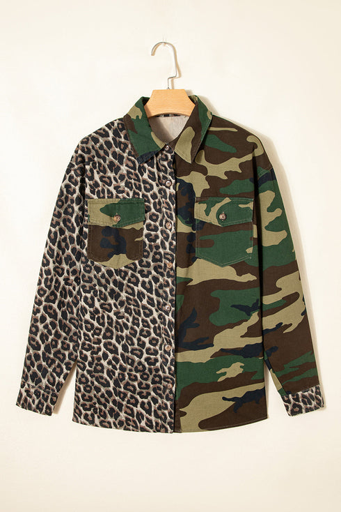 Oversized Leopard Camo Patchwork Western Shirt Jacket