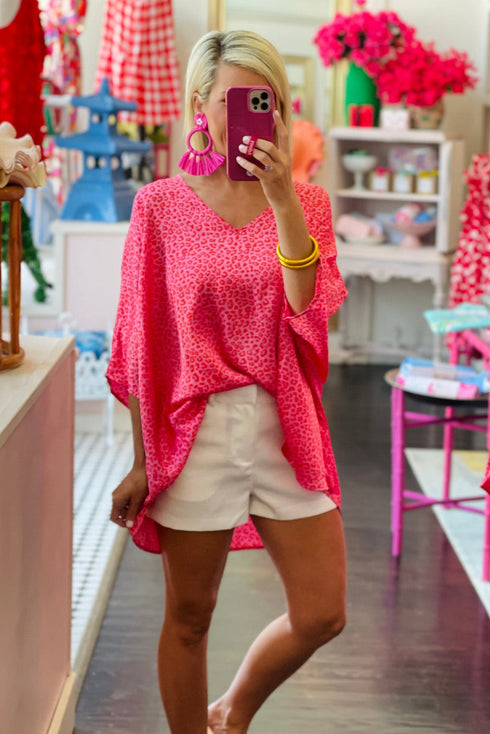 Oversized Leopard Print V Neck Half Sleeve Top