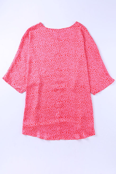 Oversized Leopard Print V Neck Half Sleeve Top