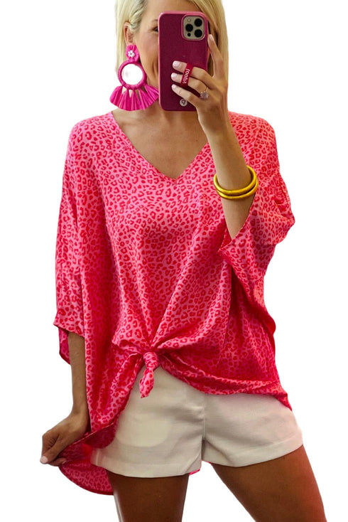 Oversized Leopard Print V Neck Half Sleeve Top