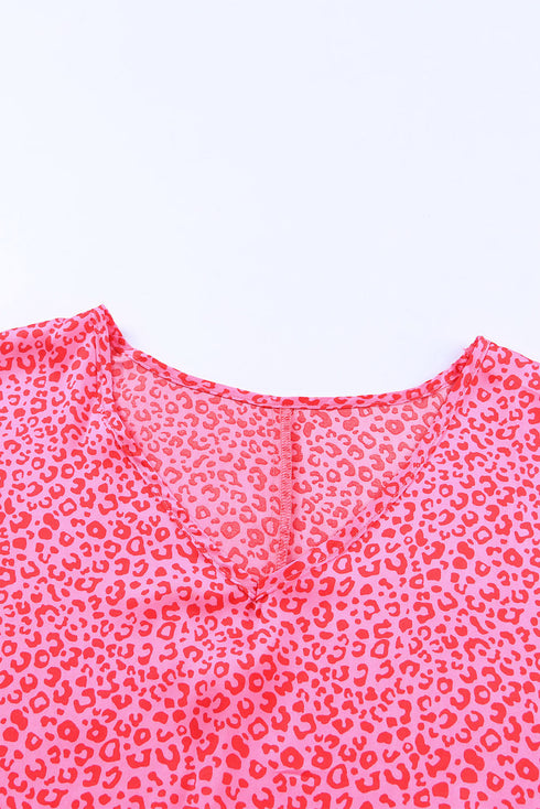 Oversized Leopard Print V Neck Half Sleeve Top