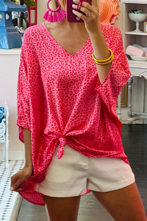 Oversized Leopard Print V Neck Half Sleeve Top