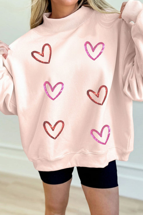 Oversized Mock Neck Sequin Heart Graphic Sweatshirt