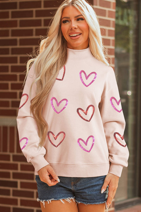 Oversized Mock Neck Sequin Heart Graphic Sweatshirt