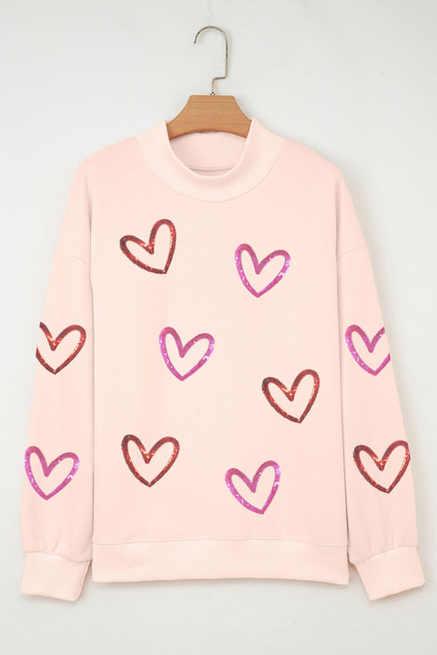 Oversized Mock Neck Sequin Heart Graphic Sweatshirt