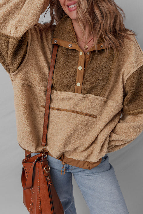 Oversized Paneled Sherpa Fleece Half Snap Pullover