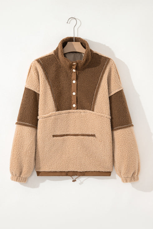 Oversized Paneled Sherpa Fleece Half Snap Pullover