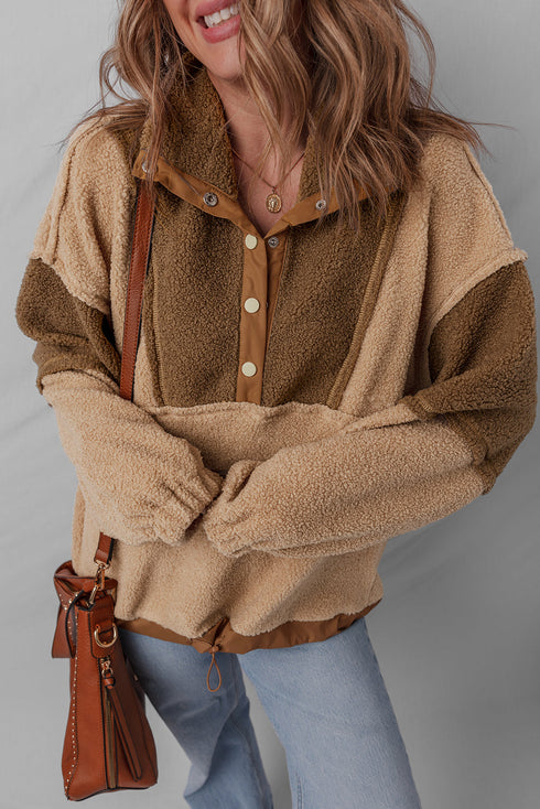 Oversized Paneled Sherpa Fleece Half Snap Pullover