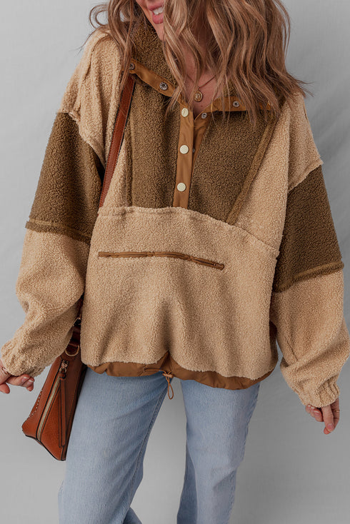 Oversized Paneled Sherpa Fleece Half Snap Pullover